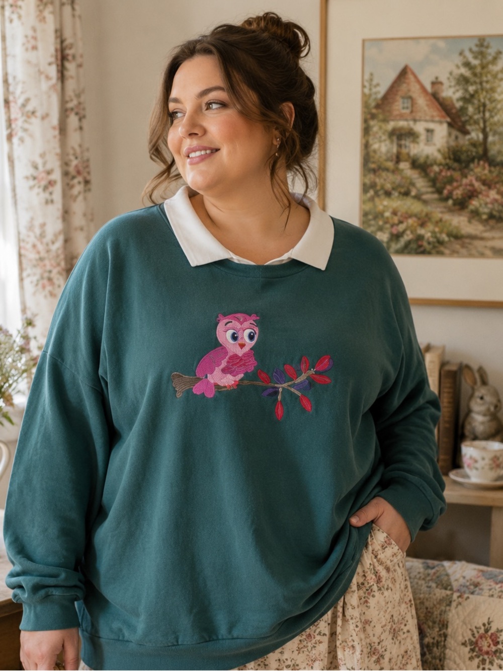 Anthony Richards Womens Vintage Sweatshirt 4X Owl Embroidered Collar Green